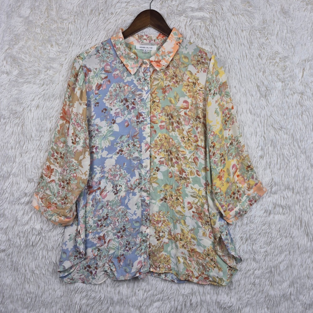 Rose + Olive Floral Patchwork Button Down Blouse 1X Multi Color 3/4 Sleeve Top